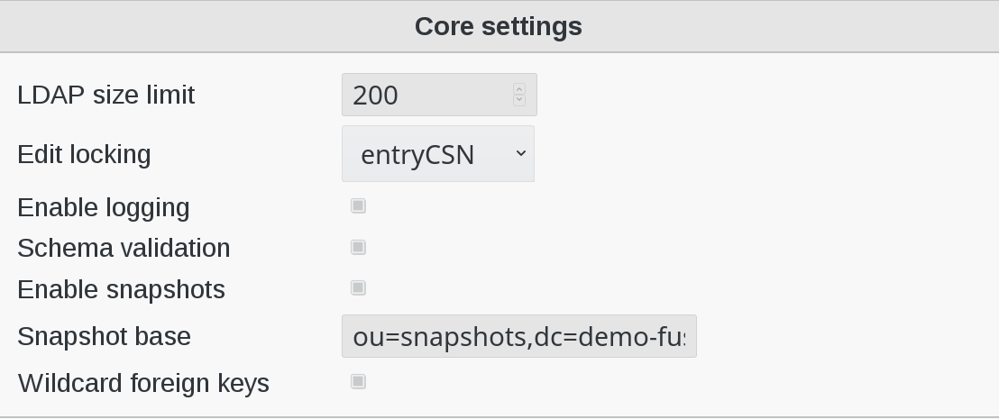 Image of Core settings menu in FusionDirectory