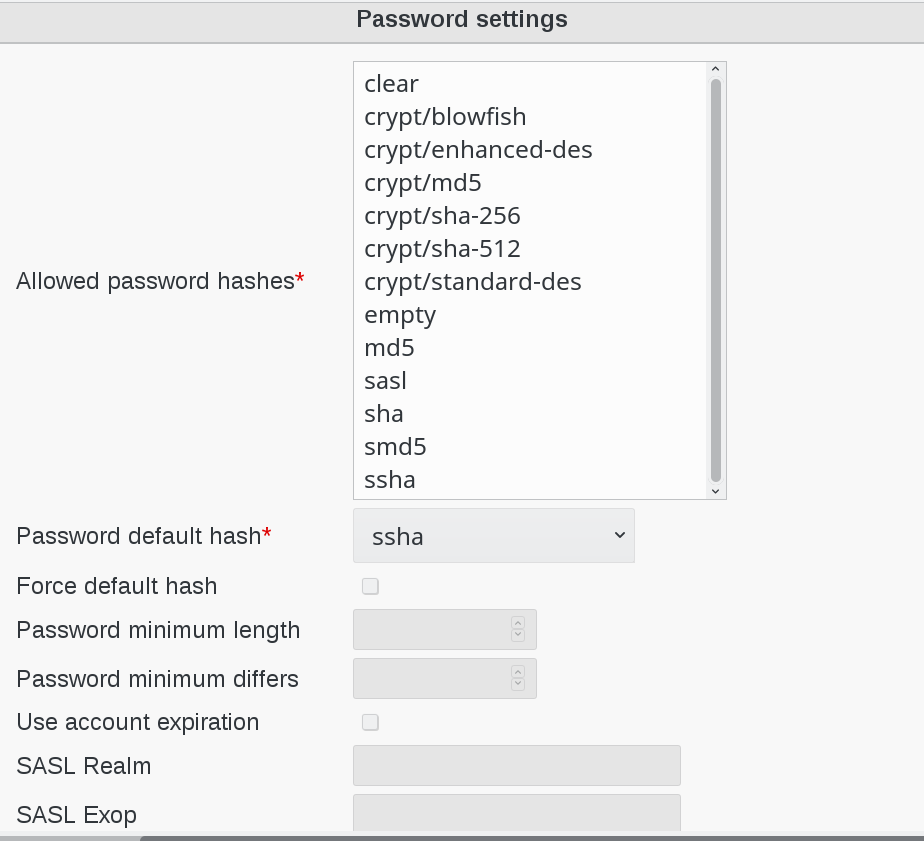 Image of Password settings menu in FusionDirectory