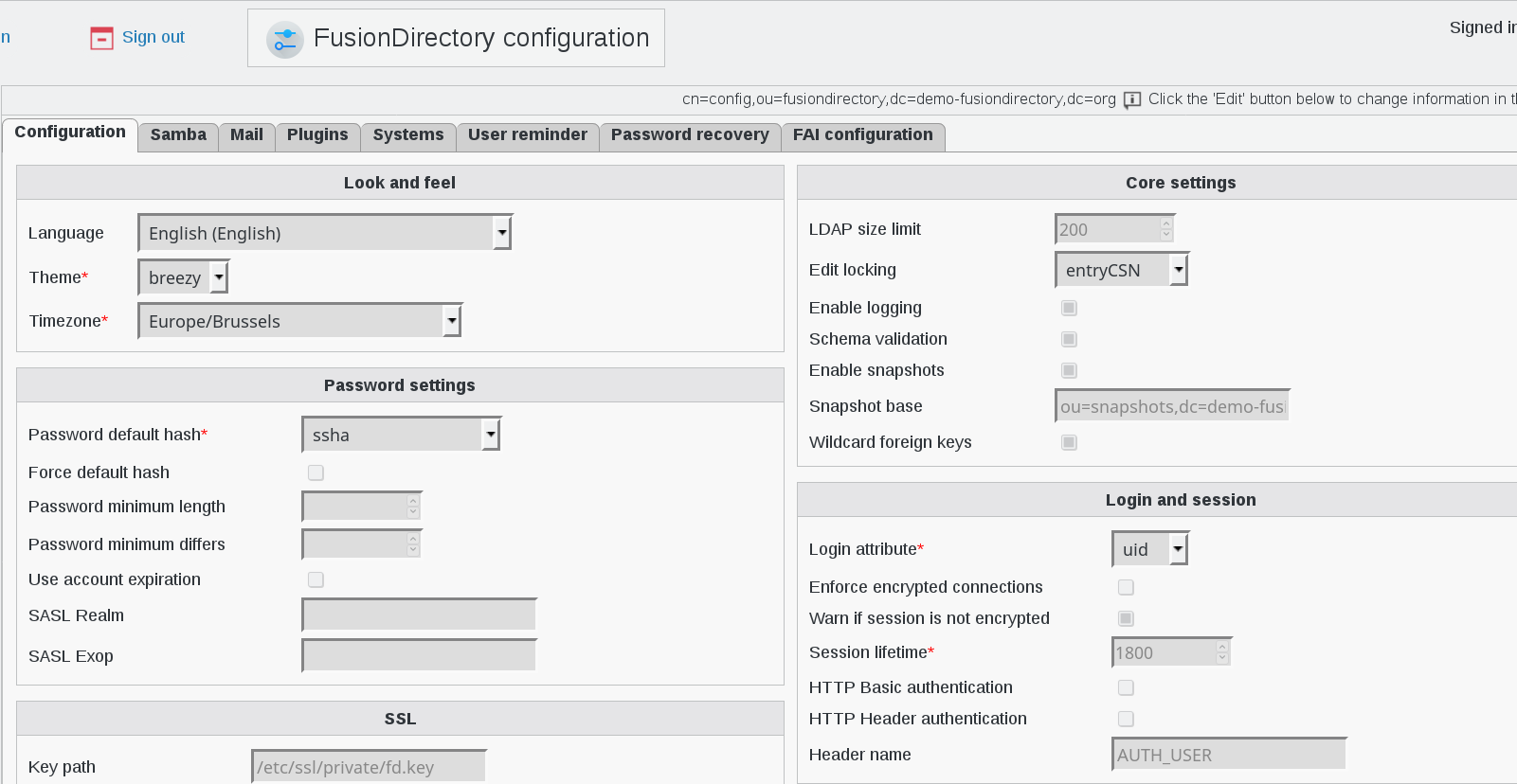 Picture of configuration section details in FusionDirectory