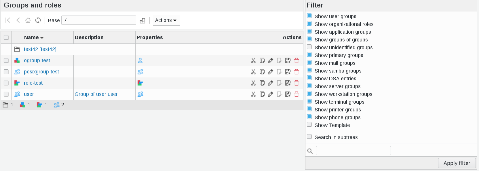 Picture of Groups and roles section details in FusionDirectory