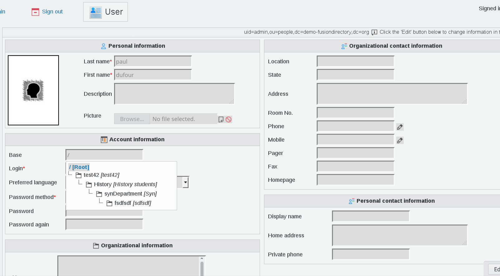 Picture of user section in FusionDirectory