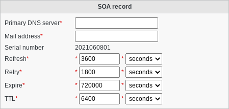 Screenshot of section SOA record of tab DNS zone of type DNS zone