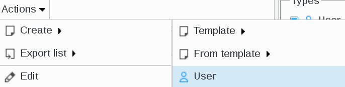 Picture of create user drop-down menu in FusionDirectory