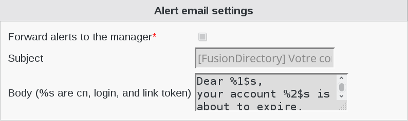 Picture of Alert email settings page in FusionDirectory