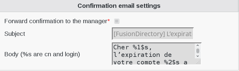 Picture of Confirmation email settings page in FusionDirectory