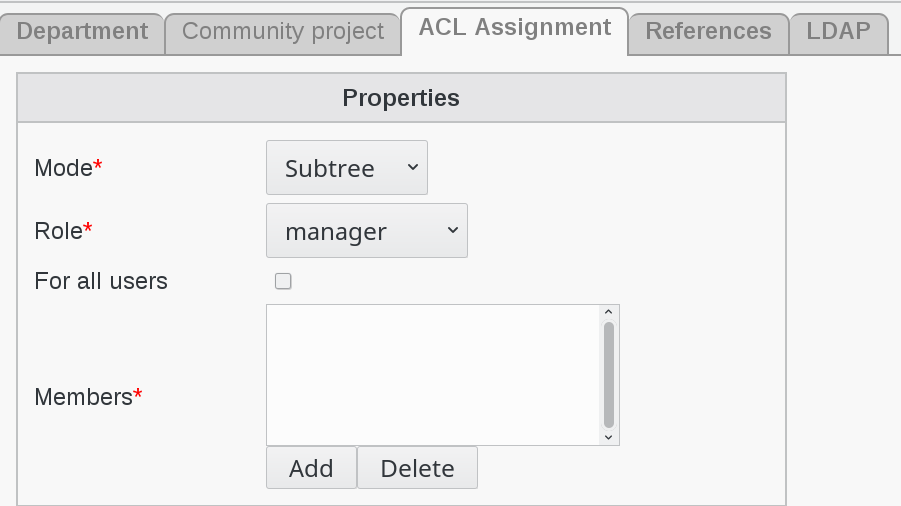 Picture of ACL Assiogbnment settings tab in FusionDirectory