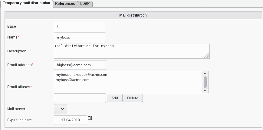 Picture of alias temporary mail distribution filled view in FusionDirectory