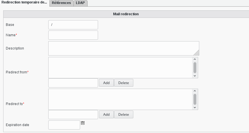 Picture of Alias temporary mail redirection view in FusionDirectory