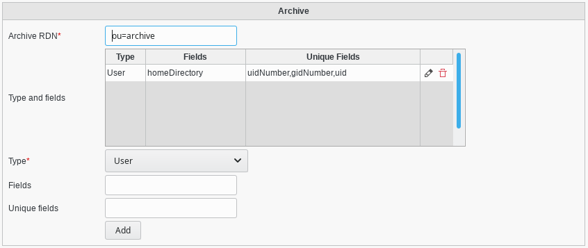 Picture of Archive configuration menu in FusionDirectory