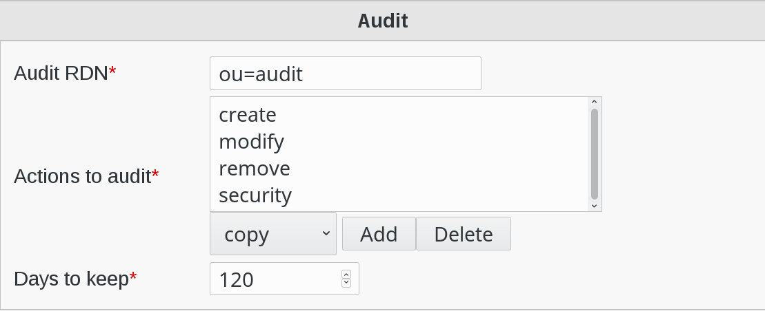 Picture of Audit configuration menu in FusionDirectory