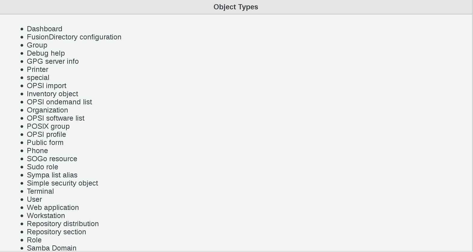 Picture of Object TYpes list in FusionDirectory (part 1)