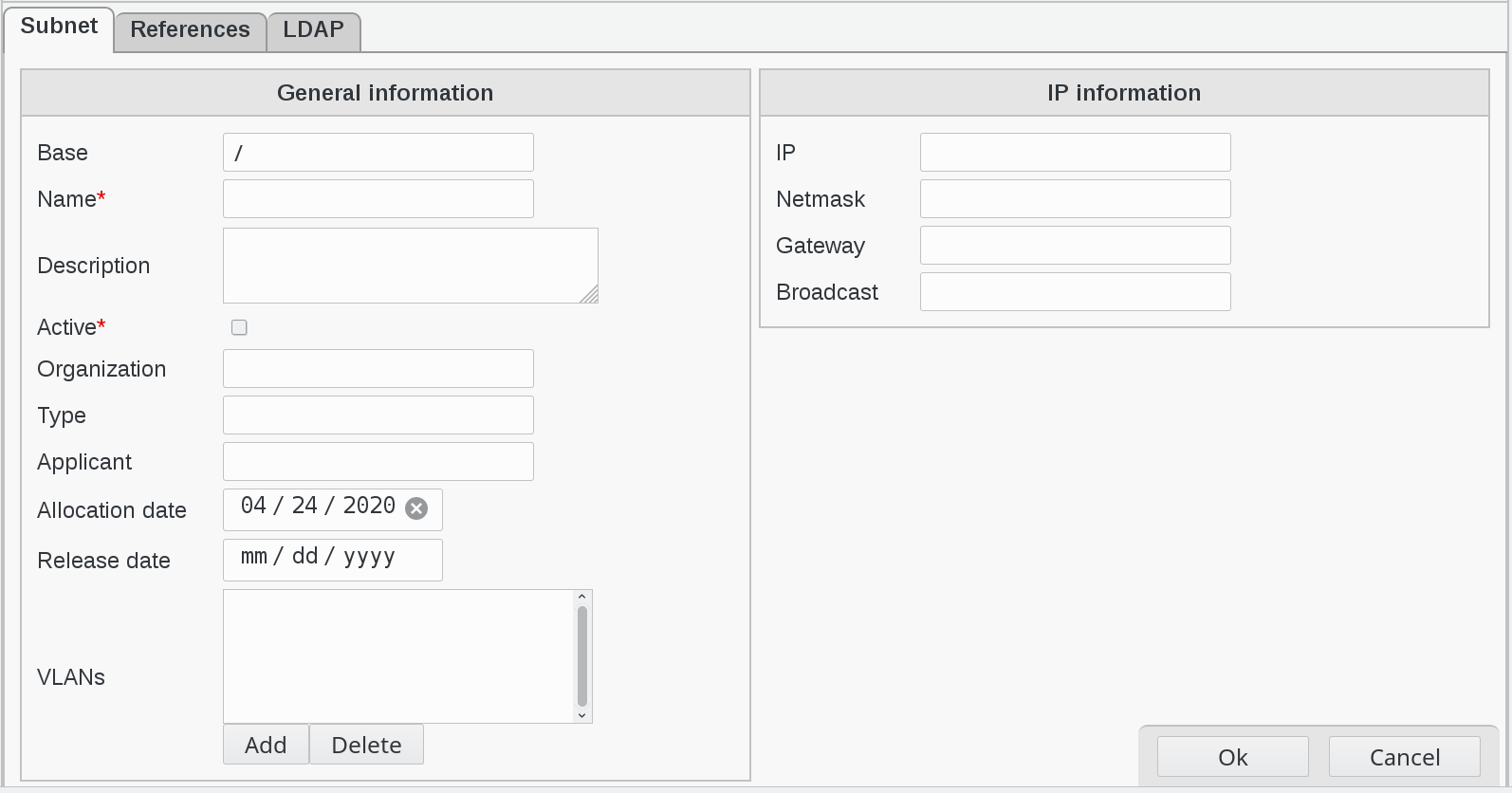 Picture of subnet configuration page in FusionDirectory