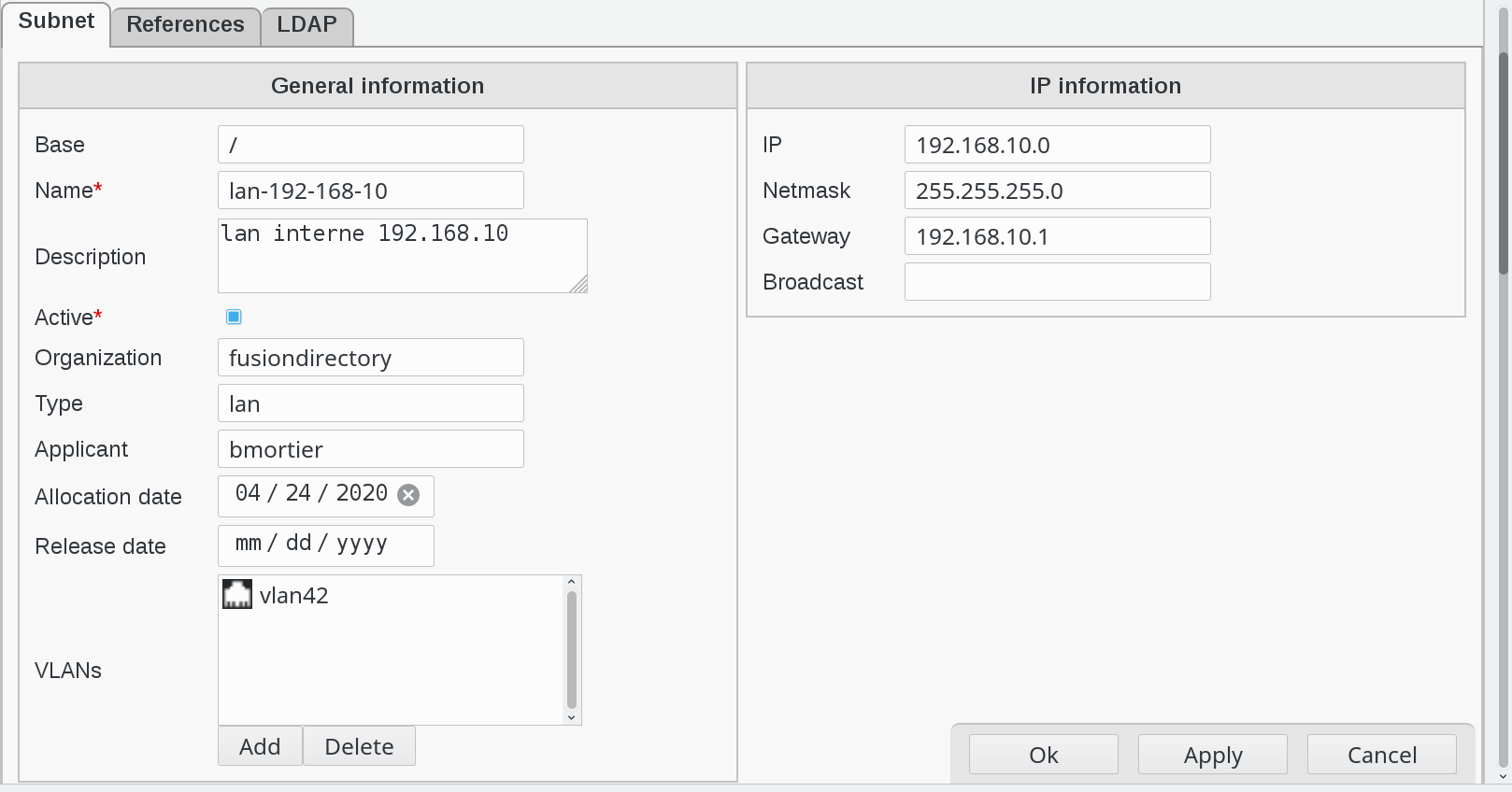 Picture of Subnet configuration page in FusionDirectory