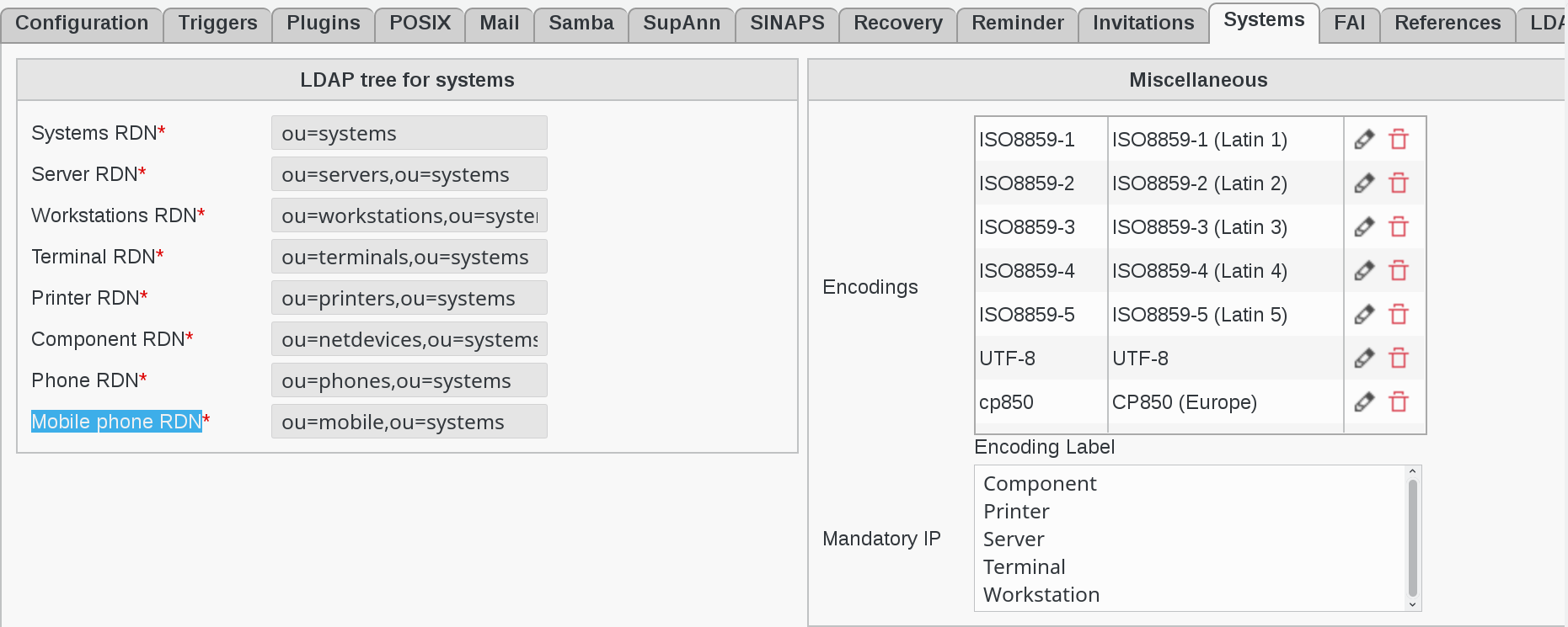 Picture of Systems configuration page in FusionDirectory