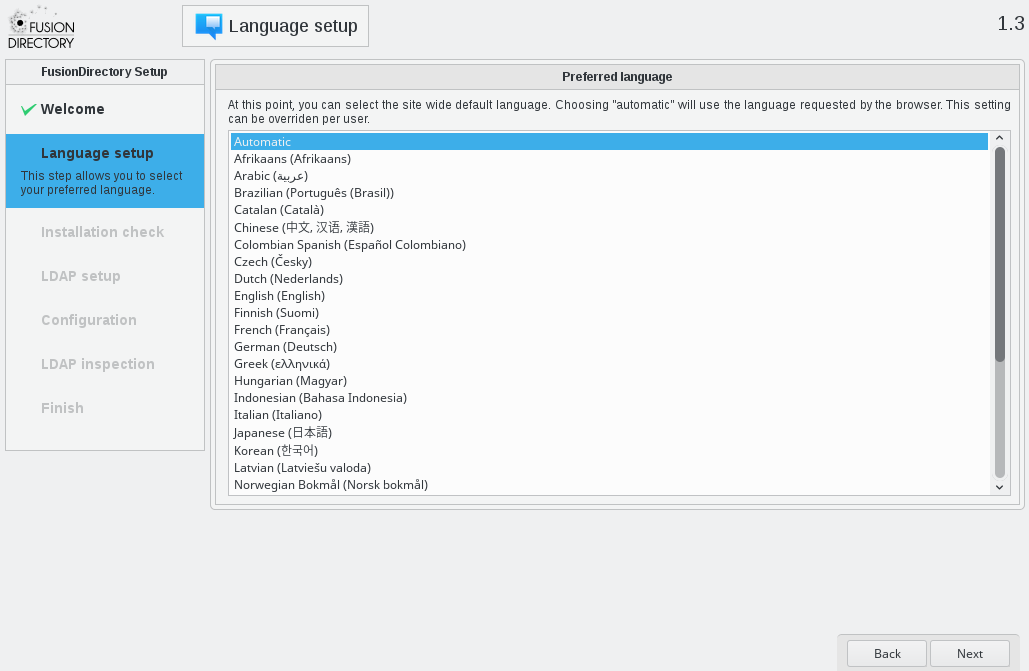 Language step of web setup