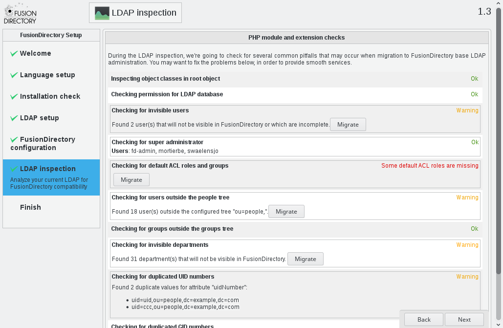 LDAP inspection step of web setup