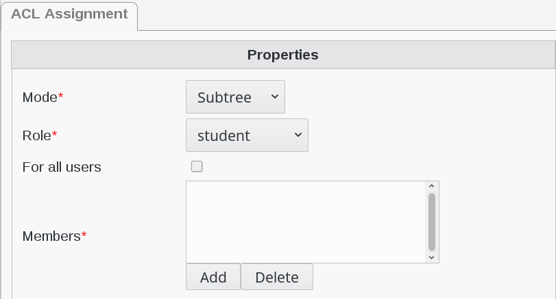 Picture of ACL Assignment properties filled in FusionDirectory