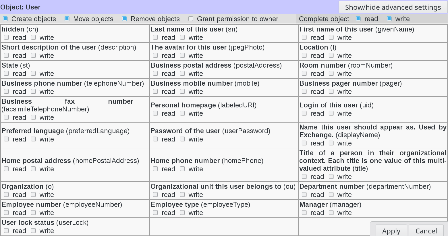 Picture of advanced object settings in FusionDirectory