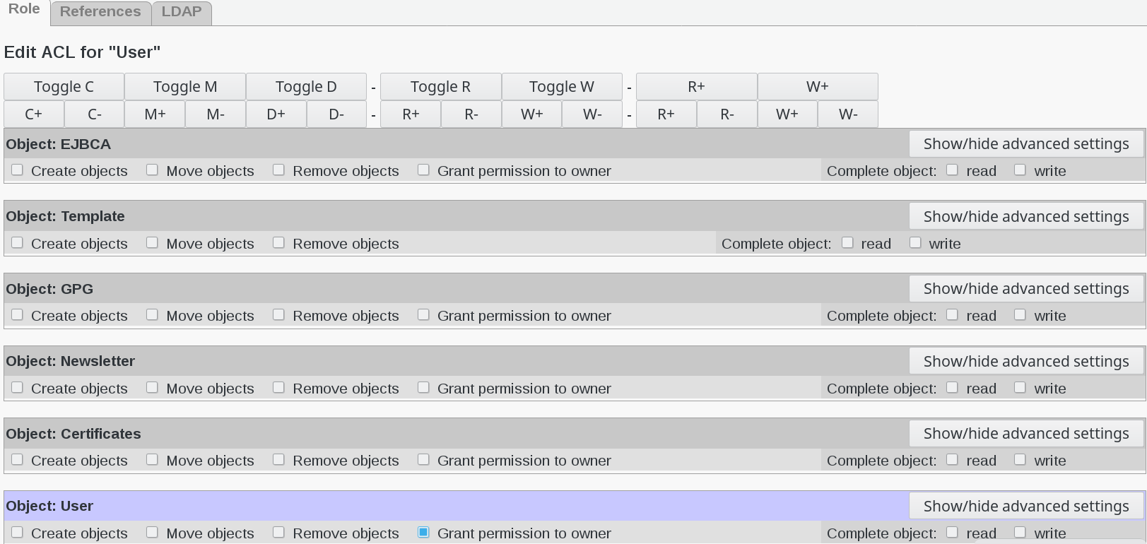 Picture of User rights menu in FusionDirectory