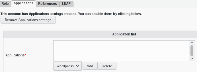 Picture of Applications tab of role-test in FusionDirectory