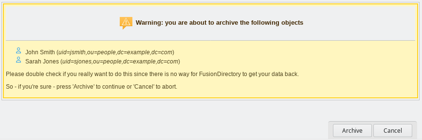 Picture of archive confirmation screen with multiple objects