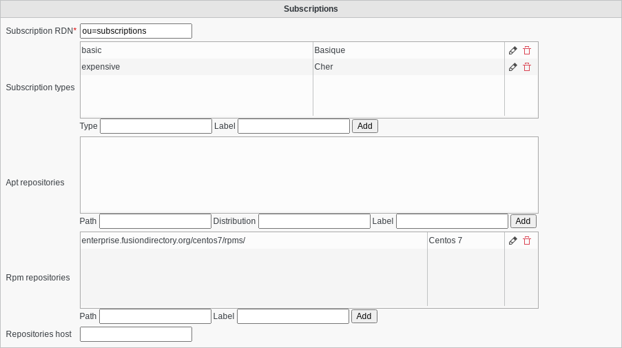 Screenshot of section Subscriptions of tab Configuration of type FusionDirectory configuration