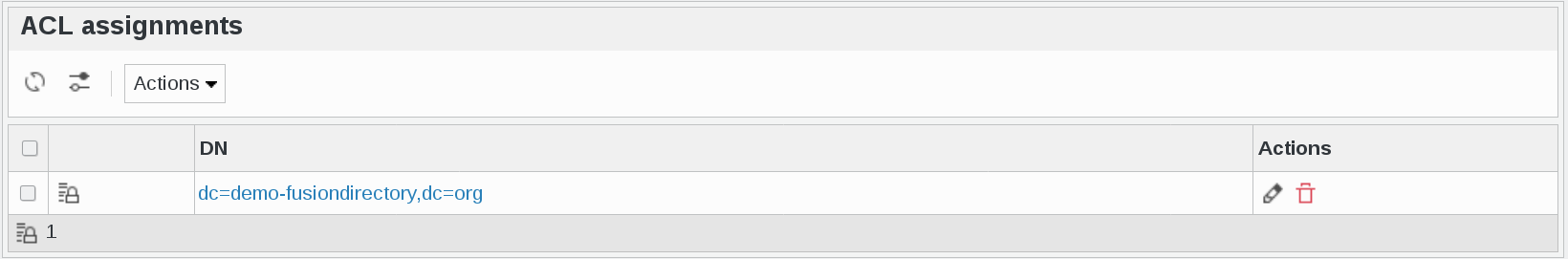 Picture of ACL assignments management page in FusionDirectory