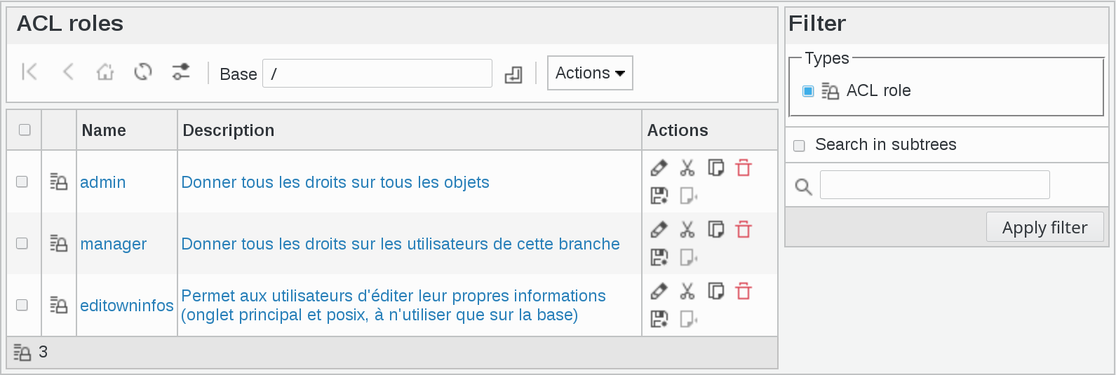 Picture of ACL roles management page in FusionDirectory