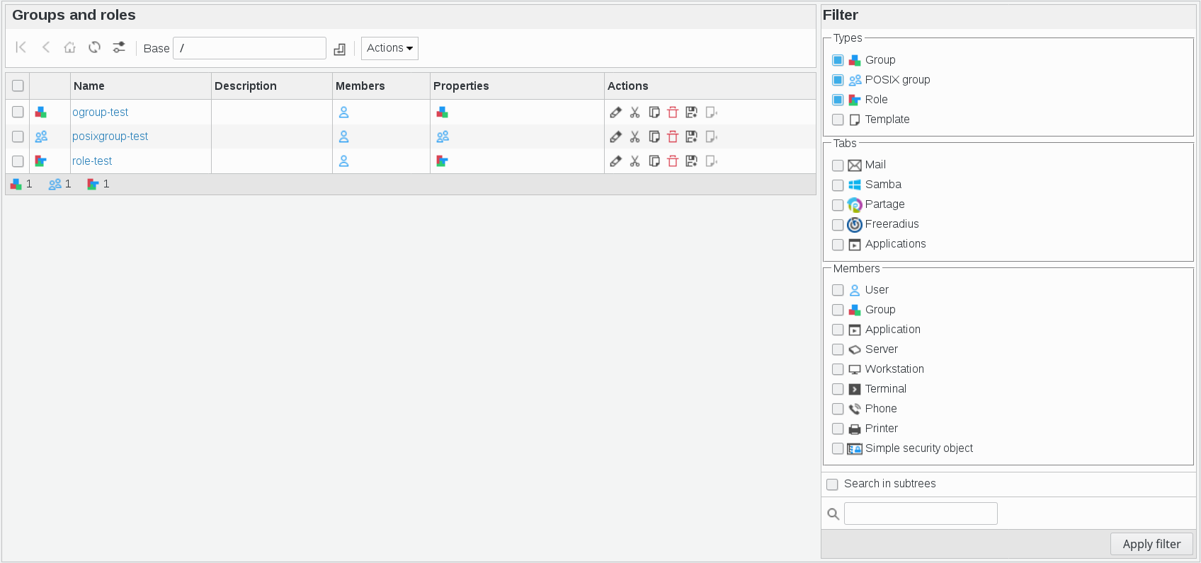 Picture of Groups and roles management page in FusionDirectory