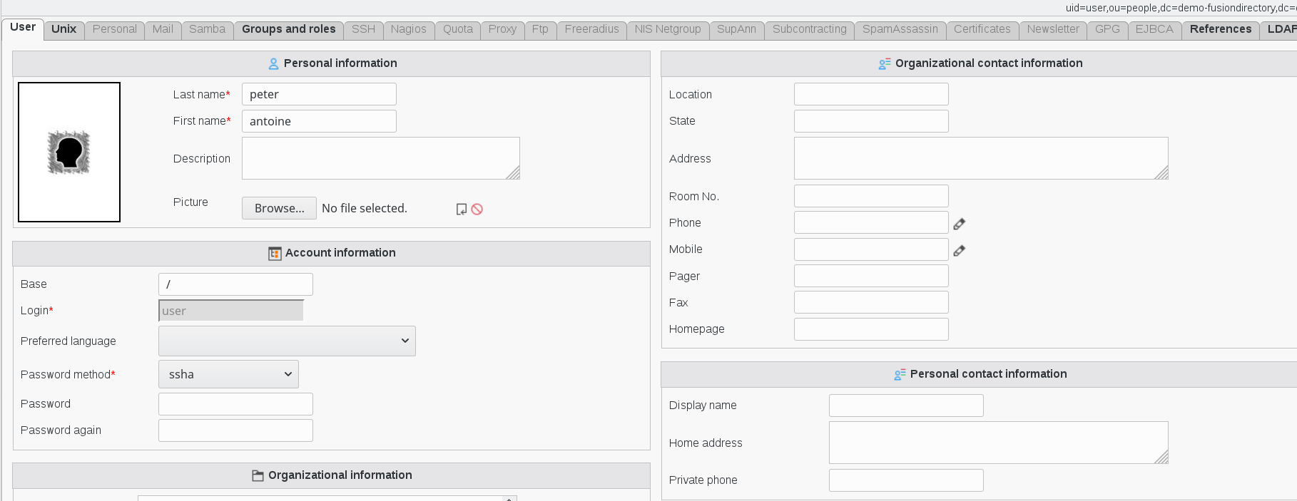 Picture of User information overview in FusionDirectory