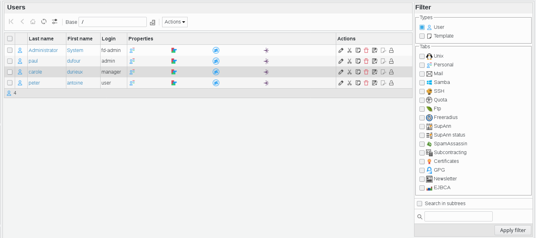 Users section details in FusionDirectory