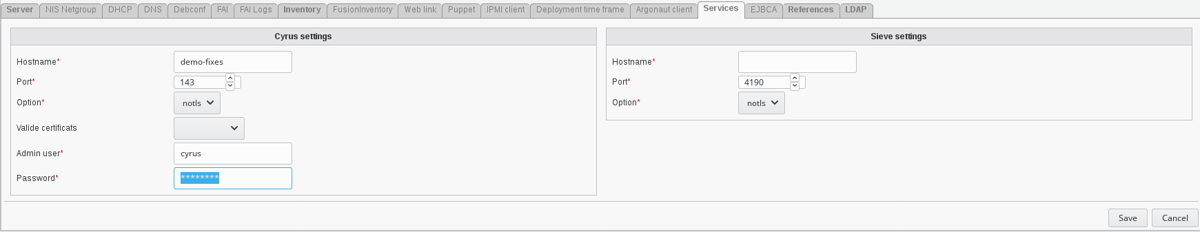 Picture of Cyrus settings in FusionDirectory