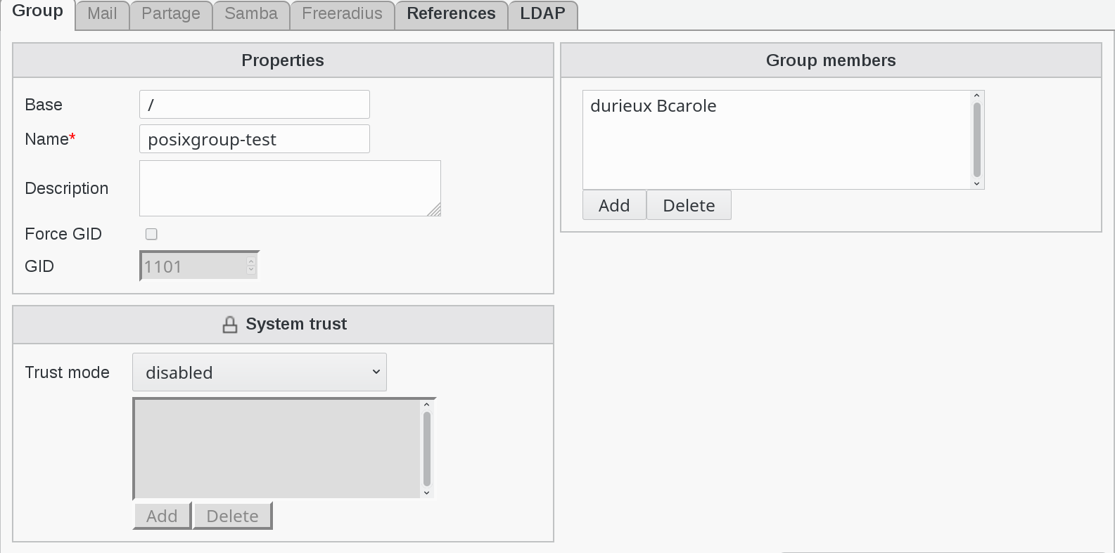 Picture of posix-group test tab in FusionDirectory