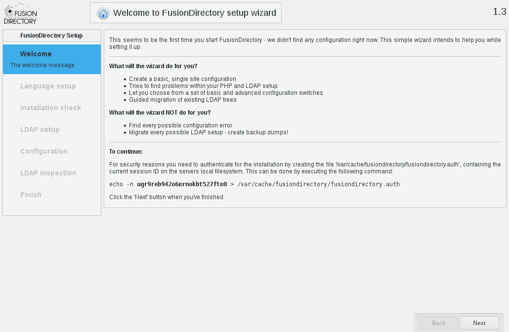 Welcome step of web setup