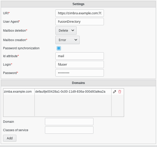 Picture of Zimbra settings page in FusionDirectory
