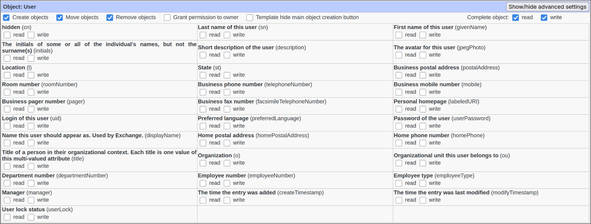 Picture of advanced object settings in FusionDirectory