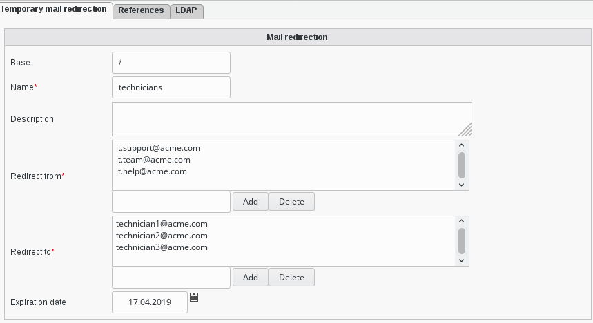 Picture of alias temporary mail distribution filled view in FusionDirectory