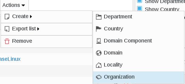 Picture of create organization menu in FusionDirectory