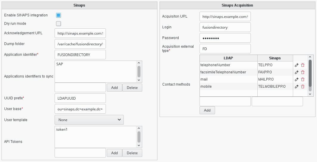 Sinaps plugin configuration screen