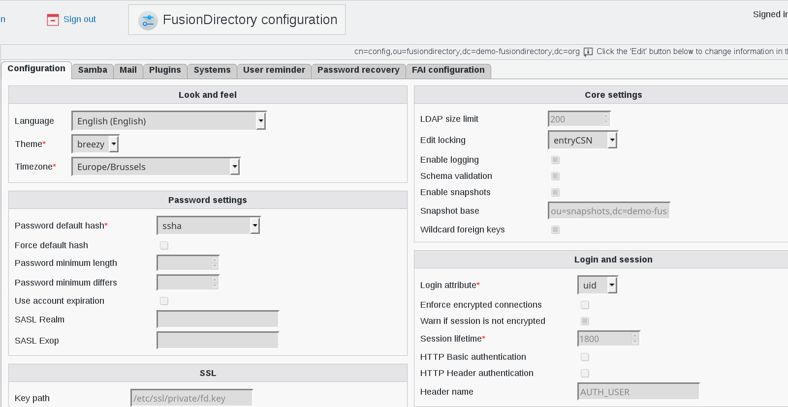 Configuration section details in FusionDirectory