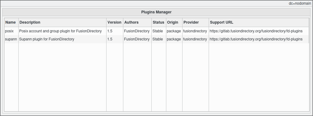 Plugins section in FusionDirectory