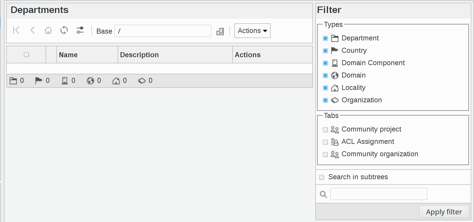 Departments section details in FusionDirectory