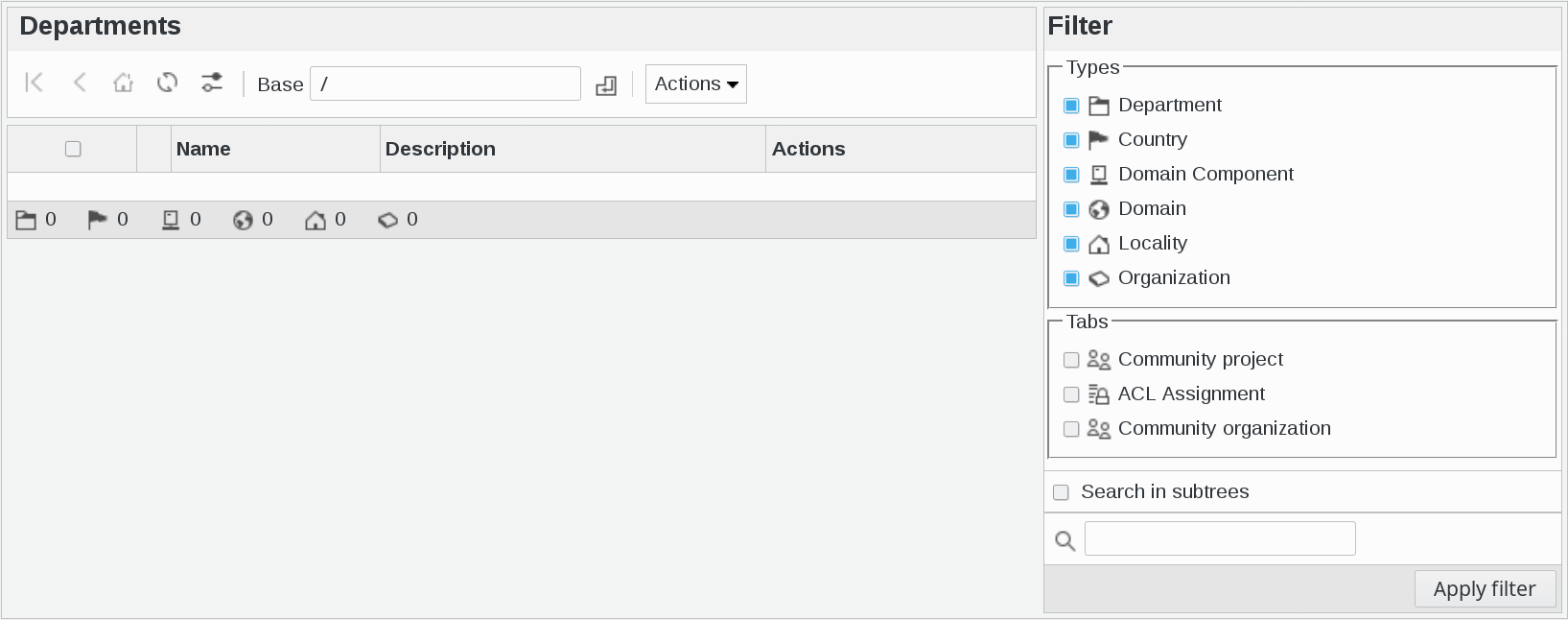 Picture of Departments management screen in FusionDirectory