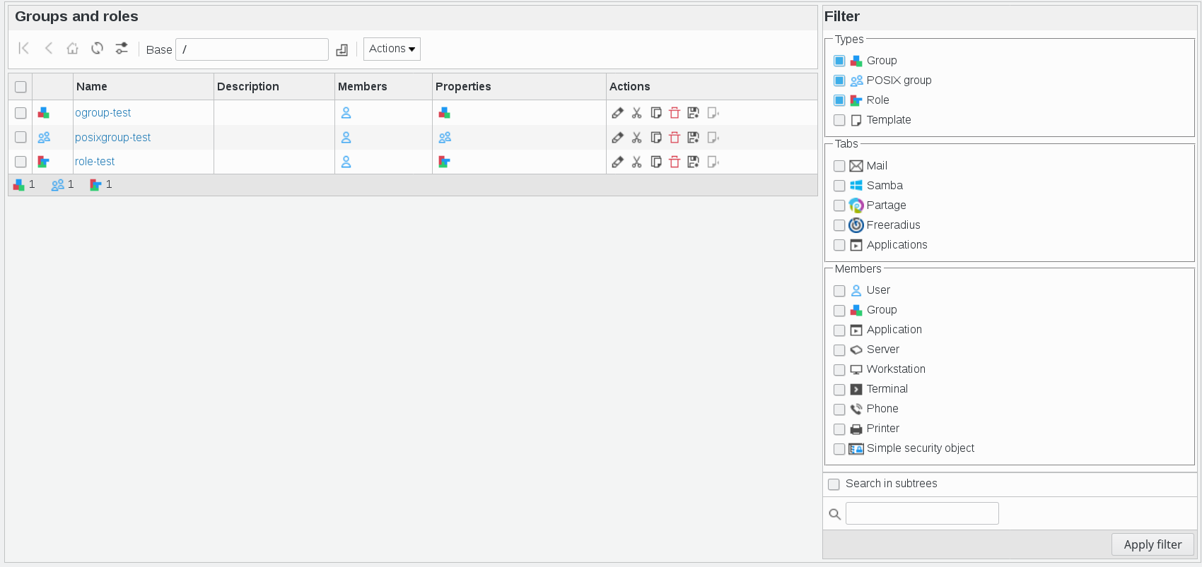 Groups and roles section details in FusionDirectory