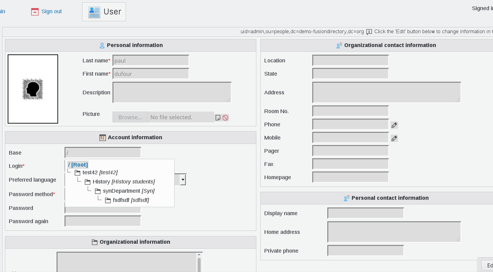 My Account section in FusionDirectory