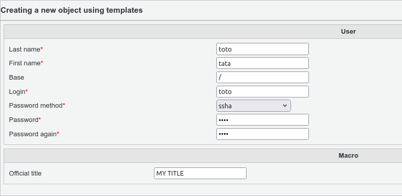 Picture of filling screen when creating an user from a template in FusionDirectory