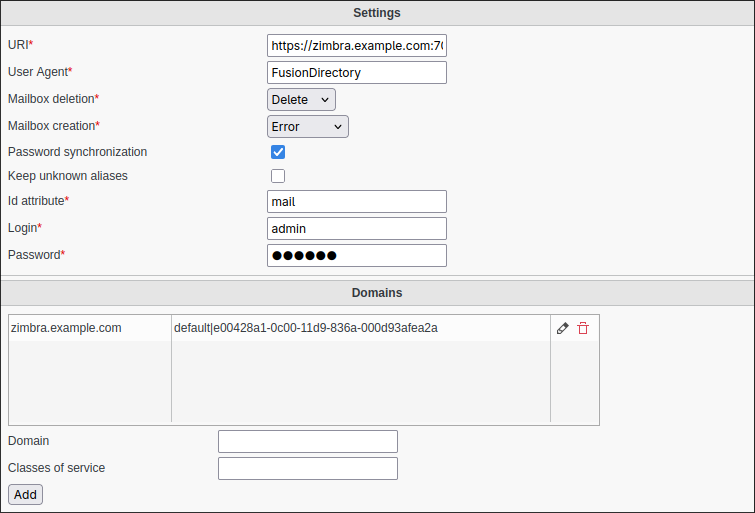Picture of Zimbra settings page in FusionDirectory
