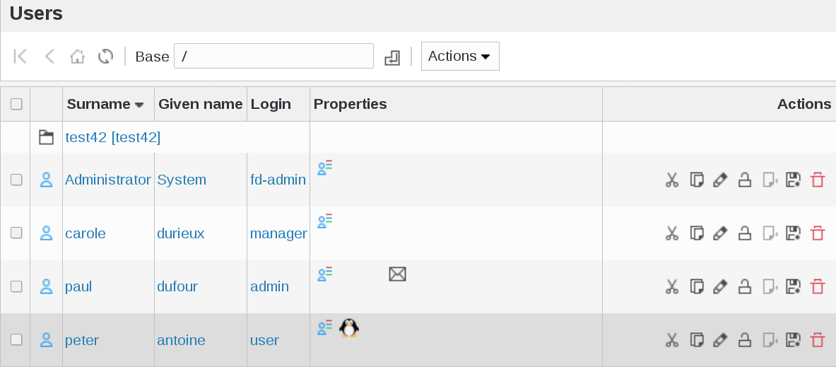Picture of Users management page in FusionDirectory