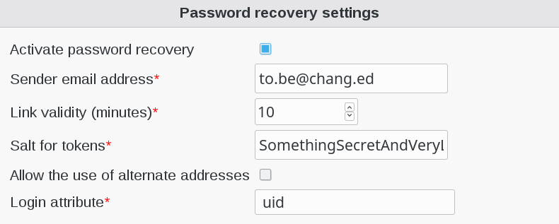 Picture of Password recovery settings in FusionDirectory