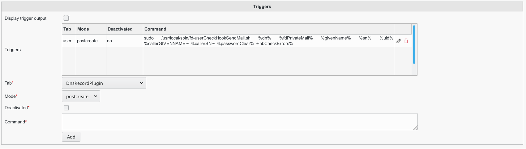 Picture of Triggers settings in FusionDirectory